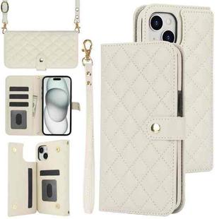 For iPhone 15 Plus Crossbody Multifunction Rhombic Leather Phone Case(White)