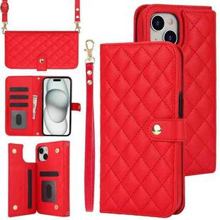 For iPhone 15 Plus Crossbody Multifunction Rhombic Leather Phone Case(Red)