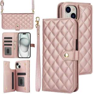 For iPhone 15 Plus Crossbody Multifunction Rhombic Leather Phone Case(Rose Gold)