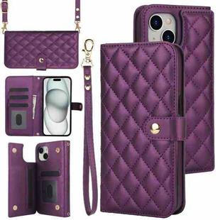 For iPhone 15 Plus Crossbody Multifunction Rhombic Leather Phone Case(Dark Purple)