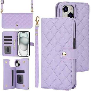 For iPhone 15 Plus Crossbody Multifunction Rhombic Leather Phone Case(Purple)