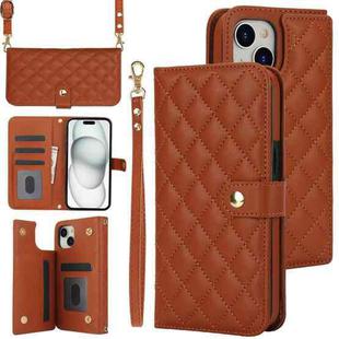 For iPhone 15 Plus Crossbody Multifunction Rhombic Leather Phone Case(Brown)
