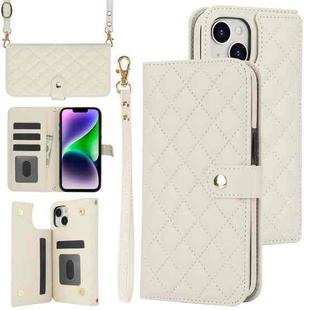 For iPhone 14 Plus Crossbody Multifunction Rhombic Leather Phone Case(White)