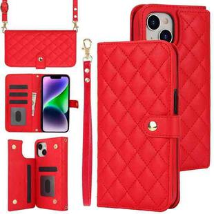 For iPhone 14 Plus Crossbody Multifunction Rhombic Leather Phone Case(Red)