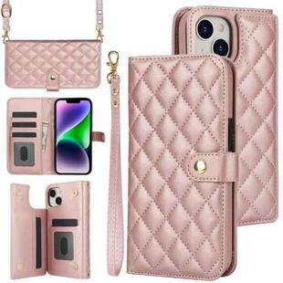 For iPhone 14 Plus Crossbody Multifunction Rhombic Leather Phone Case(Rose Gold)