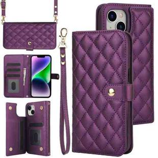 For iPhone 14 / 13 Crossbody Multifunction Rhombic Leather Phone Case(Dark Purple)