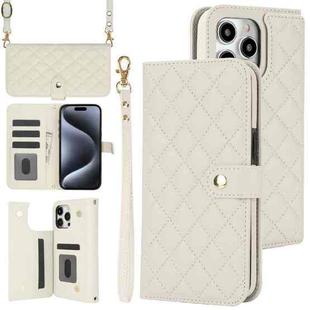 For iPhone 14 Pro Crossbody Multifunction Rhombic Leather Phone Case(White)