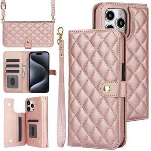 For iPhone 14 Pro Crossbody Multifunction Rhombic Leather Phone Case(Rose Gold)