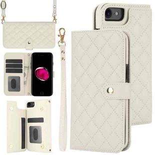 For iPhone 7 / 8 / SE 2022 Crossbody Multifunction Rhombic Leather Phone Case(White)