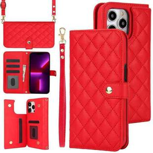For iPhone 13 Pro Max Crossbody Multifunction Rhombic Leather Phone Case(Red)