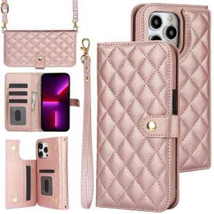 For iPhone 13 Pro Max Crossbody Multifunction Rhombic Leather Phone Case(Rose Gold)