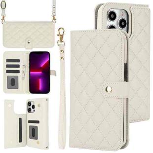 For iPhone 13 Pro Crossbody Multifunction Rhombic Leather Phone Case(White)