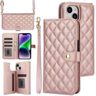 For iPhone 13 mini Crossbody Multifunction Rhombic Leather Phone Case(Rose Gold)