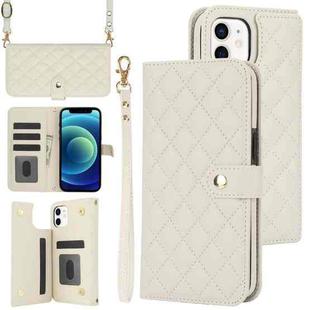 For iPhone 12 mini Crossbody Multifunction Rhombic Leather Phone Case(White)
