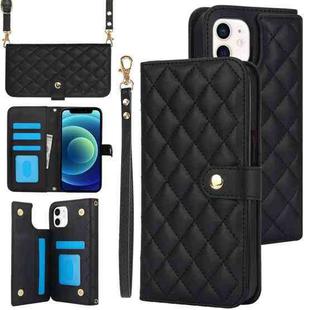 For iPhone 12 mini Crossbody Multifunction Rhombic Leather Phone Case(Black)