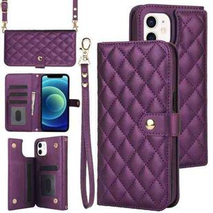 For iPhone 12 mini Crossbody Multifunction Rhombic Leather Phone Case(Dark Purple)