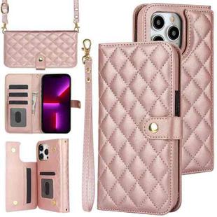 For iPhone 12 Pro Max Crossbody Multifunction Rhombic Leather Phone Case(Rose Gold)