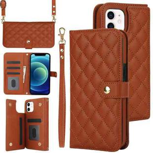 For iPhone 12 / 12 Pro Crossbody Multifunction Rhombic Leather Phone Case(Brown)