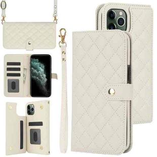 For iPhone 11 Pro Max Crossbody Multifunction Rhombic Leather Phone Case(White)