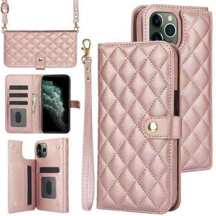 For iPhone 11 Pro Crossbody Multifunction Rhombic Leather Phone Case(Rose Gold)