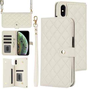 For iPhone X / XS Crossbody Multifunction Rhombic Leather Phone Case(White)