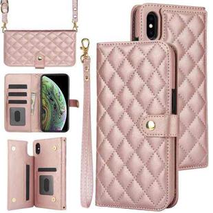 For iPhone X / XS Crossbody Multifunction Rhombic Leather Phone Case(Rose Gold)
