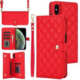 For iPhone XS Max Crossbody Multifunction Rhombic Leather Phone Case(Red)