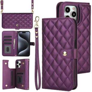 For iPhone 16 Pro Max Crossbody Multifunction Rhombic Leather Phone Case(Dark Purple)