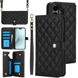 For iPhone 16 Crossbody Multifunction Rhombic Leather Phone Case(Black)