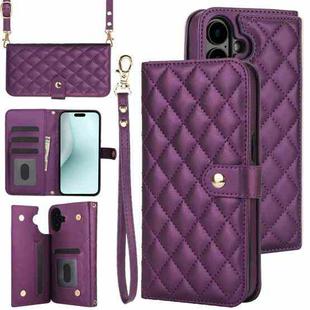 For iPhone 16 Crossbody Multifunction Rhombic Leather Phone Case(Dark Purple)