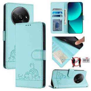 For  Xiaomi POCO C61 4G Global Cat Rat Embossed Pattern RFID Leather Phone Case with Lanyard(Mint Green)