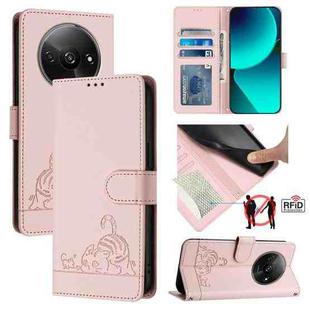 For  Xiaomi POCO C61 4G Global Cat Rat Embossed Pattern RFID Leather Phone Case with Lanyard(Pink)