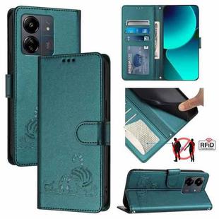 For Xiaomi Redmi 13C 4G Global Cat Rat Embossed Pattern RFID Leather Phone Case with Lanyard(Peacock Green)