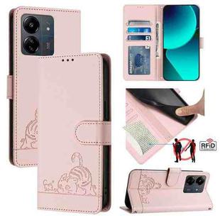For Xiaomi POCO C65 Global Cat Rat Embossed Pattern RFID Leather Phone Case with Lanyard(Pink)