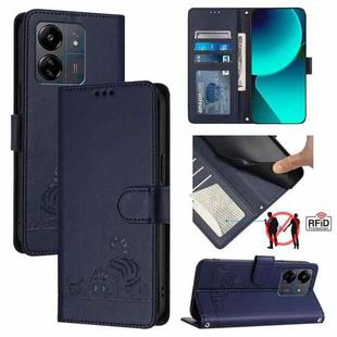 For Xiaomi POCO C65 Global Cat Rat Embossed Pattern RFID Leather Phone Case with Lanyard(Blue)