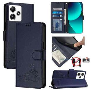 For Xiaomi Redmi Note 12R Cat Rat Embossed Pattern RFID Leather Phone Case with Lanyard(Blue)