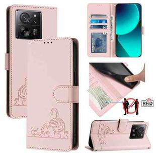 For Xiaomi 13T Pro 5G Global Cat Rat Embossed Pattern RFID Leather Phone Case with Lanyard(Pink)
