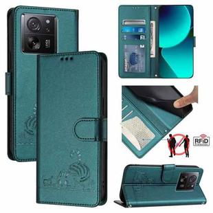 For Xiaomi 13T Pro 5G Global Cat Rat Embossed Pattern RFID Leather Phone Case with Lanyard(Peacock Green)