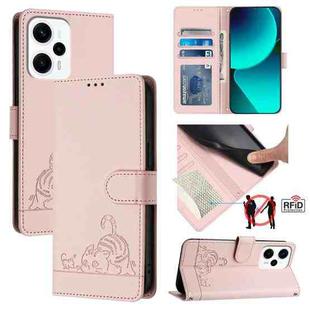 For Xiaomi Redmi Note 11T Pro+ 5G Cat Rat Embossed Pattern RFID Leather Phone Case with Lanyard(Pink)