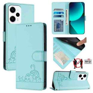 For Xiaomi Redmi Note 12T Pro Cat Rat Embossed Pattern RFID Leather Phone Case with Lanyard(Mint Green)
