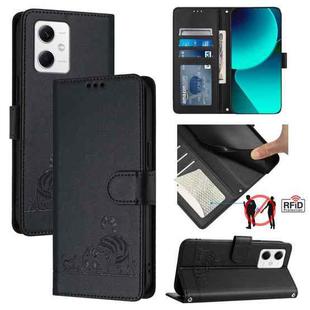 For Xiaomi Redmi Note 12 5G Global Cat Rat Embossed Pattern RFID Leather Phone Case with Lanyard(Black)