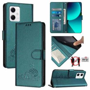 For Xiaomi Redmi Note 12 5G Global Cat Rat Embossed Pattern RFID Leather Phone Case with Lanyard(Peacock Green)