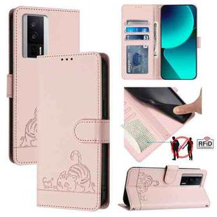 For Xiaomi POCO F5 Pro Cat Rat Embossed Pattern RFID Leather Phone Case with Lanyard(Pink)