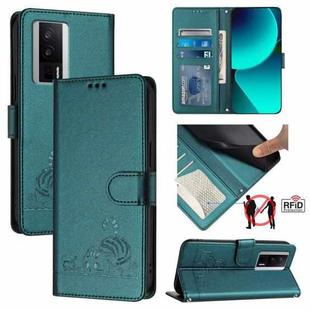 For Xiaomi POCO F5 Pro Cat Rat Embossed Pattern RFID Leather Phone Case with Lanyard(Peacock Green)