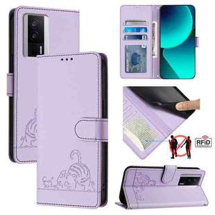 For Xiaomi POCO F5 Pro Cat Rat Embossed Pattern RFID Leather Phone Case with Lanyard(Purple)