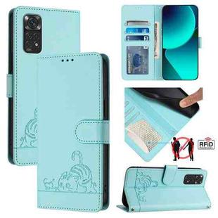 For Xiaomi Redmi Note 11 4G Global Cat Rat Embossed Pattern RFID Leather Phone Case with Lanyard(Mint Green)