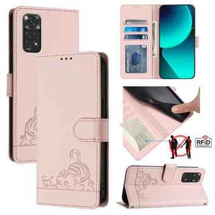 For Xiaomi Redmi Note 11 4G Global Cat Rat Embossed Pattern RFID Leather Phone Case with Lanyard(Pink)
