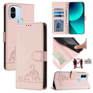 For Xiaomi Redmi A1+ 4G Cat Rat Embossed Pattern RFID Leather Phone Case with Lanyard(Pink)