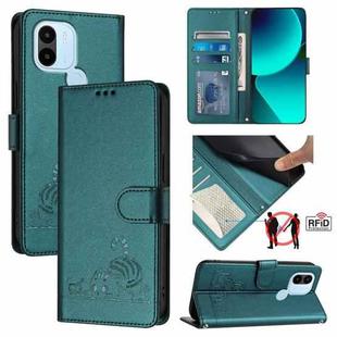 For Xiaomi POCO C50 4G Cat Rat Embossed Pattern RFID Leather Phone Case with Lanyard(Peacock Green)