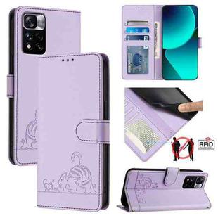 For Xiaomi Redmi Note 12 Pro 4G Global Cat Rat Embossed Pattern RFID Leather Phone Case with Lanyard(Purple)